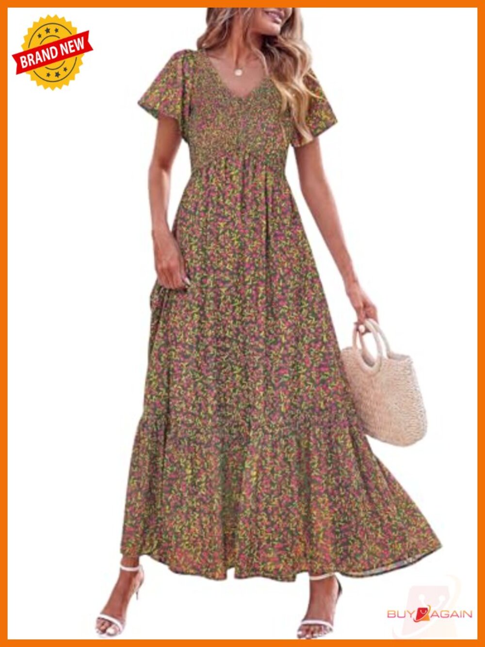 Floral Boho Maxi Dress Smocked V-Neck A-Line Short Sleeve Summer